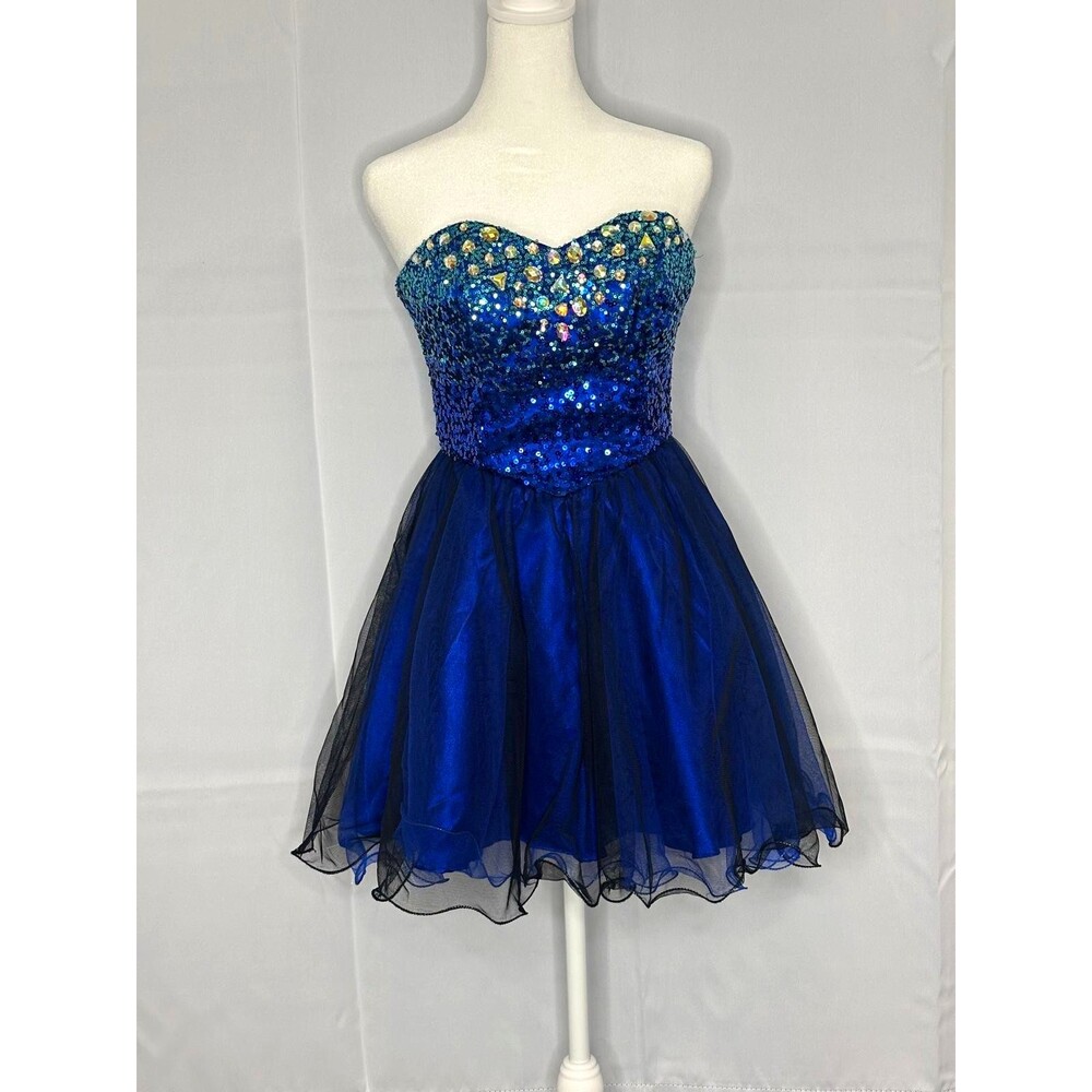 Masquerade Blue Sequin Rhinestone Strapless Party Dress Size 1/2 pre-owned